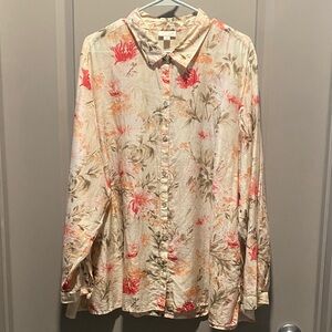 J Jill 3X Cotton Silk Floral Blouse Cream Button Front Lightweight Top Boho Plus